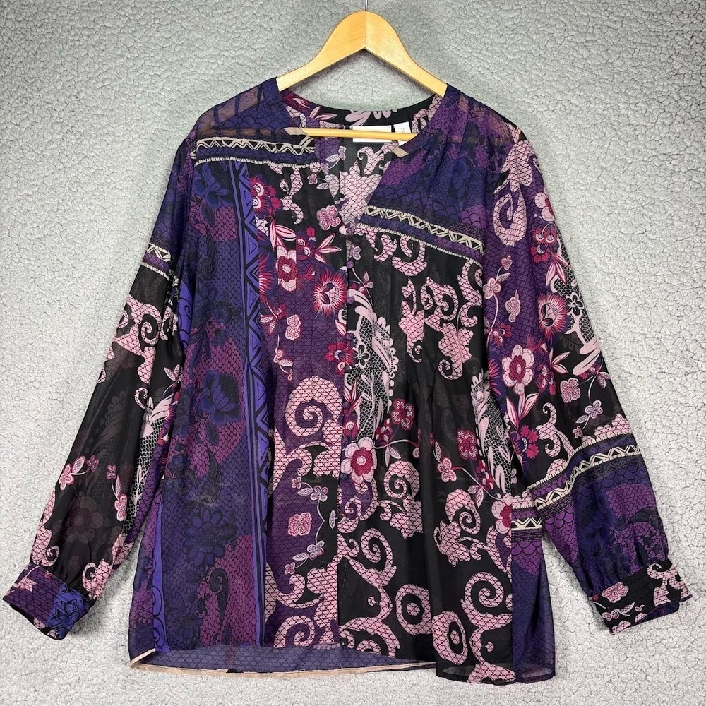 Chico's Royal Purple Sheer Paisley Print Pleated Long Sleeve Evening Blouse Sz 2